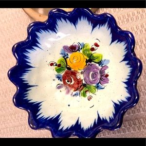 Vintage Blue Floral Scalloped Footed Pottery Bowl Made in Portugal